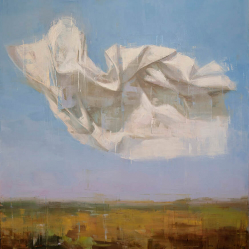 Oil on canvas painting of a white folded object, cloth-like, suspended in a blue sky above an abstract landscape by Joseph Adolphe titled "Another Memory No. 3."