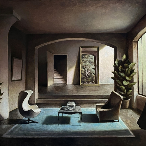 Oil on canvas painting of contemporary living room with a large mirror that reflects not the living room but a forest by Marc Chalmé titled "Miroirs en Lisières I."
