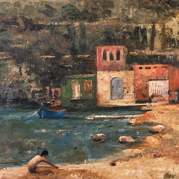 Oil and wax on canvas painting of a young boy playing on a Mediterranean beach with a rowboat, house, and tree-covered hill in the background by Goxwa titled "Mistra Village."