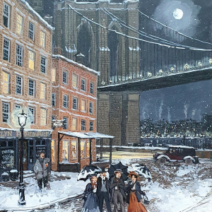 Acrylic on board painting of belle époque merrymakers strolling in the moonlit snow beneath the Brooklyn Bridge by Fabienne Delacroix titled "Les Noctambules."