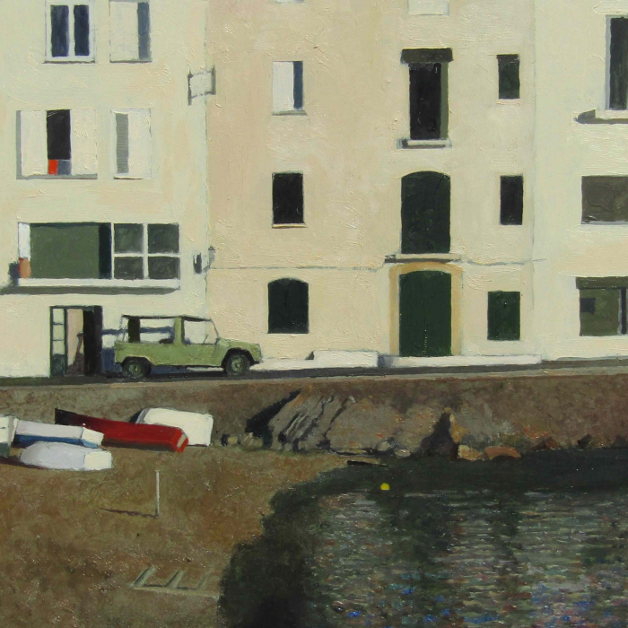Oil on canvas painting of rowboats and a body of water beside a green jeep and apartment building by Hugo Galerie artist Xavier Rodés titled "Façana Cadaqués."