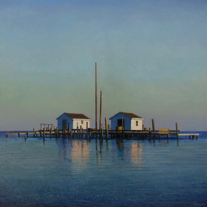 Oil on canvas painting of two small structures and a pier surrounded by water by Hugo Galerie artist Xavier Rodés titled "I'm an Island."
