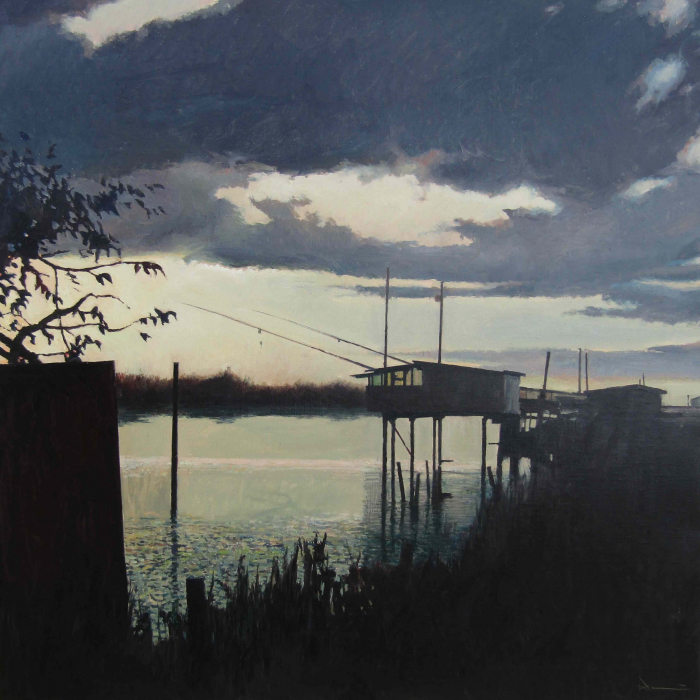 Oil on canvas painting of fishing poles and a structure on stilts in silhouette at sunset over a body of water by Hugo Galerie artist Xavier Rodés titled "La Huída."