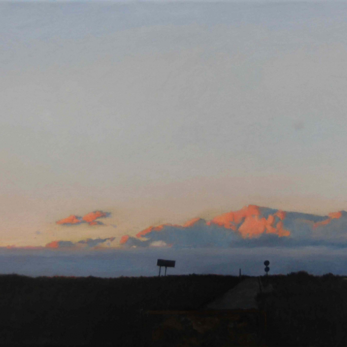 Oil on canvas painting of a field and traffic signs silhouetted by pink clouds in a big sky's sunset by Hugo Galerie Xavier Rodés titled "Last Cloud."