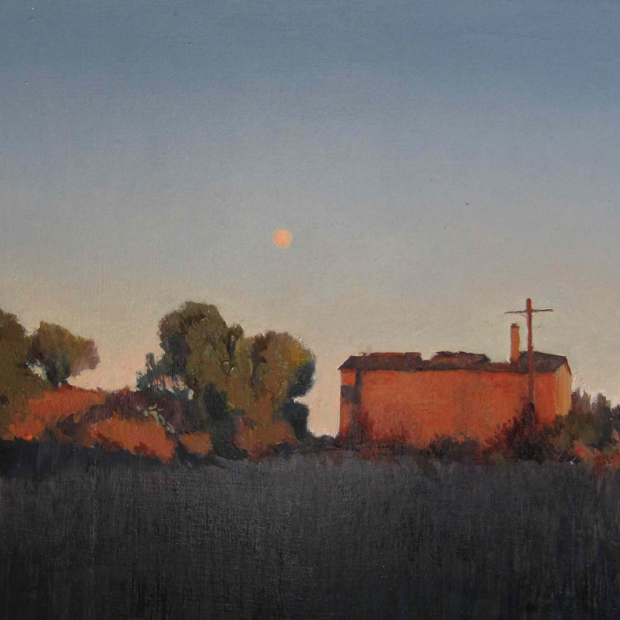 Oil on canvas painting of an early moon at sunset above a field, trees, and building by Hugo Galerie artist Xavier Rodés titled "Moon Above Us."
