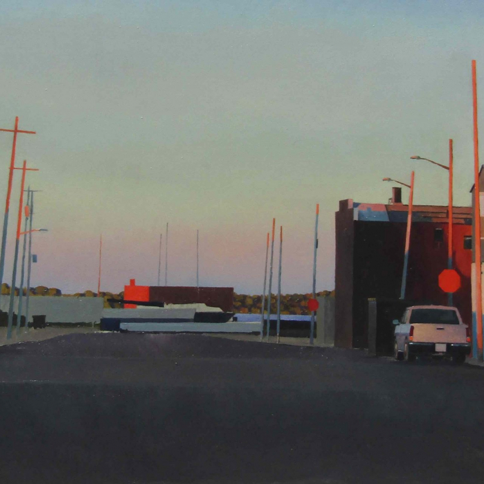 Oil on canvas painting of an industrial street in sunset, half dark and half orange, by Hugo Galerie Xavier Rodés titled "Orange Street."
