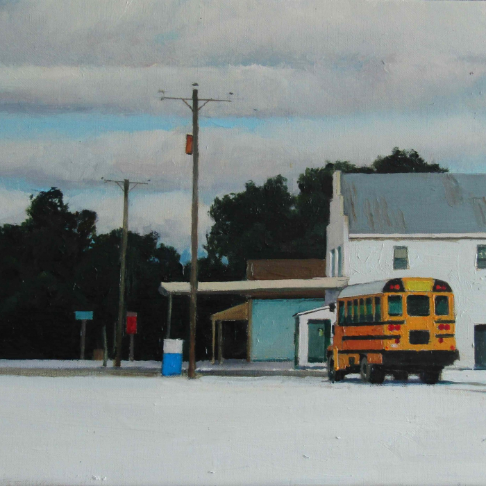Oil on canvas painting of a school bus parked in the snow beside a building with trees beyond by Hugo Galerie artist Xavier Rodés titled "School Bus."