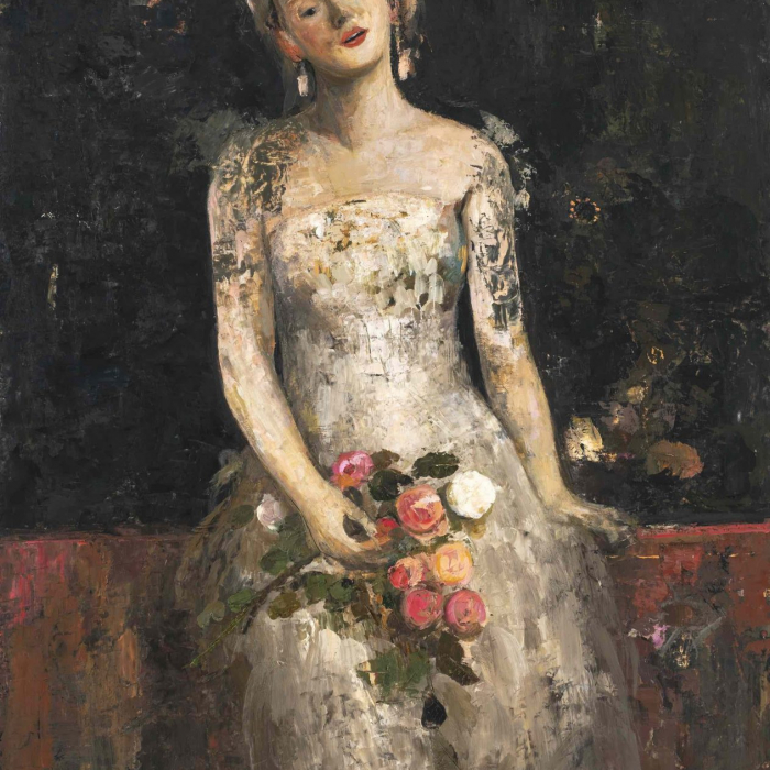 Oil and wax on canvas painting of a light-haired young girl wearing a white dress, holding a bouquet of pink roses, ands sitting on a red wall by Goxwa titled "Epiphany."