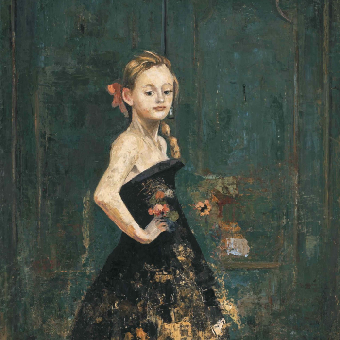 Oil and wax on canvas painting of a light-haired young girl wearing a black dress in front of a teal door by Goxwa titled "Flamenco."