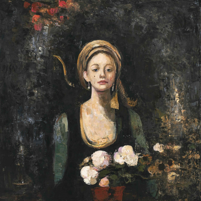 Oil and wax on canvas painting of a dark-haired young woman wearing a turban and carrying flowers against an indistinct, dark background by Goxwa titled "La Parfumeuse 2."