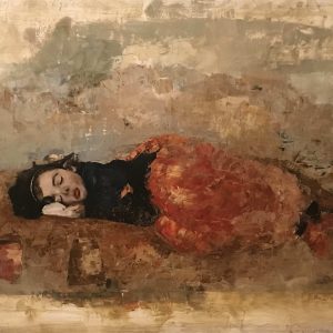 Mixed media on board marouflage of a dark haired young girl sleeping in a black sweater and red skirt in a beige but otherwise indistinct, abstracted context by Goxwa titled "Mily's World."