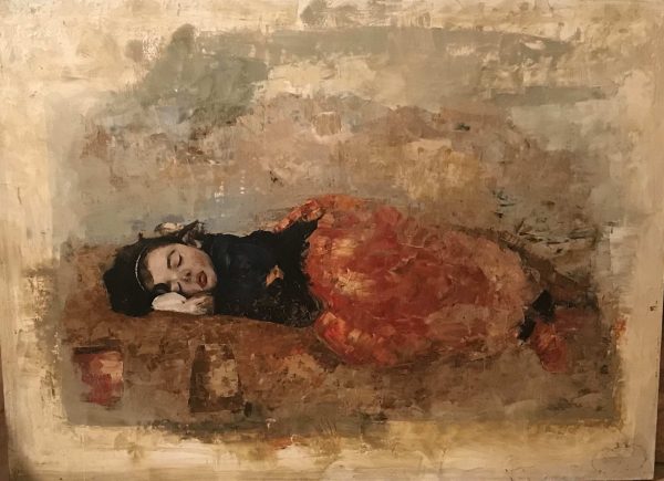 Mixed media on board marouflage of a dark haired young girl sleeping in a black sweater and red skirt in a beige but otherwise indistinct, abstracted context by Goxwa titled "Mily's World."