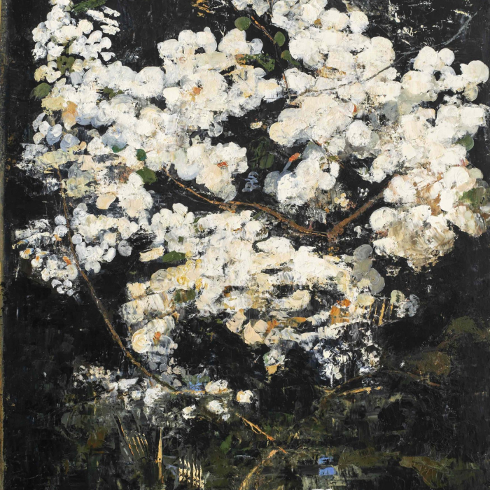 Oil and wax on canvas painting bursting with white blossoms and branches against a black background by Goxwa titled "Moonlight."