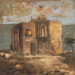 Oil and wax on canvas painting of an historic, Mediterranean church facade against a blue sea and sky by Goxwa titled "Pilgrimage."