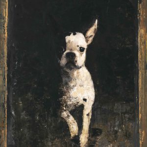 Mixed media on board marouflage of a black and white Boston Terrier leaping out of a dark, indistinct background by Goxwa titled "Pipo."