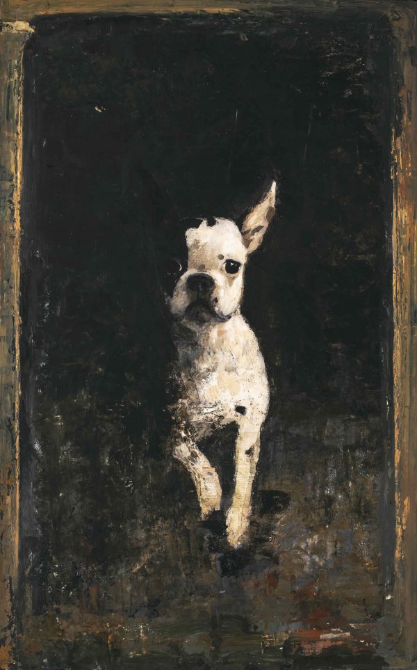Mixed media on board marouflage of a black and white Boston Terrier leaping out of a dark, indistinct background by Goxwa titled "Pipo."