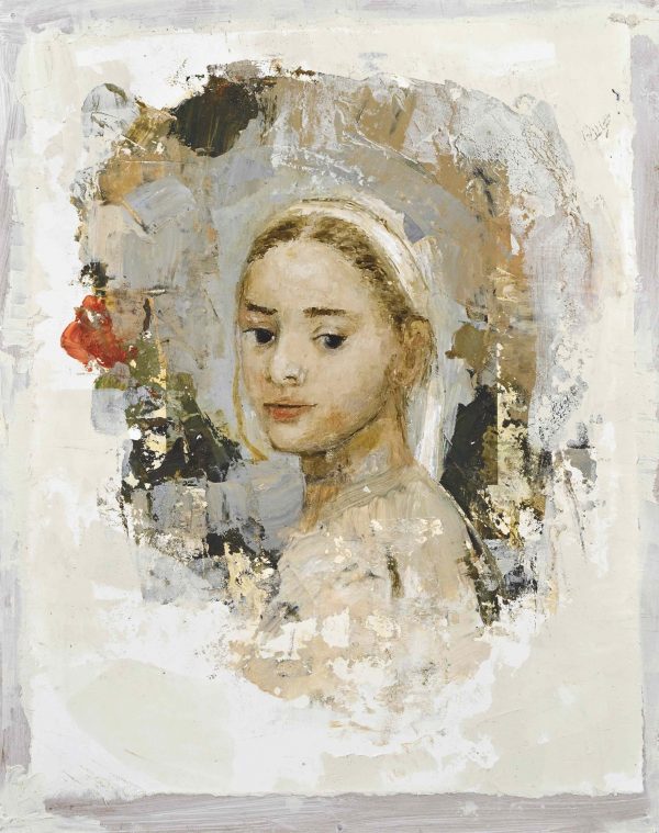 Mixed media on board marouflage portrait of a light-haired young girl wearing white and accompanied by a red rose by Goxwa titled "Portrait I."