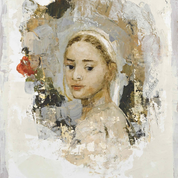 Mixed media on board marouflage portrait of a light-haired young girl wearing white and accompanied by a red rose by Goxwa titled "Portrait I."