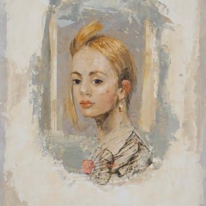 Mixed media on board marouflage portrait of a light-haired young girl wearing a pink rose at her neckline by Goxwa titled "Portrait II."