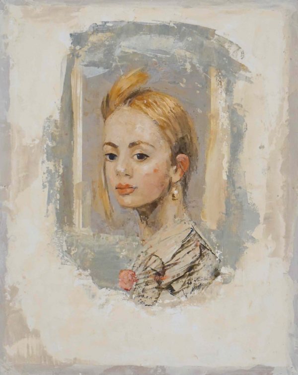Mixed media on board marouflage portrait of a light-haired young girl wearing a pink rose at her neckline by Goxwa titled "Portrait II."