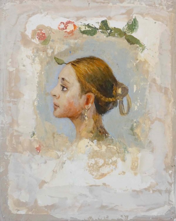 Mixed media on board marouflage portrait of a light-haired young girl accompanied by pink roses by Goxwa titled "Portrait III."