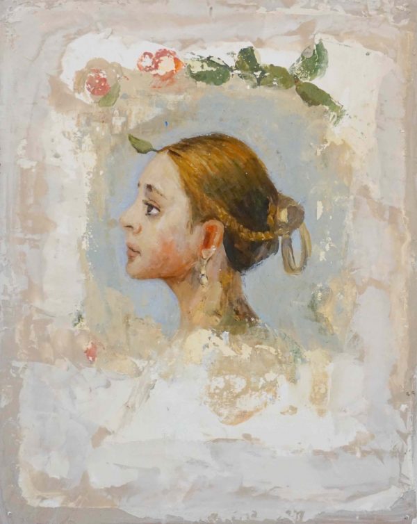 Mixed media on board marouflage portrait of a light-haired young girl accompanied by pink roses by Goxwa titled "Portrait III."