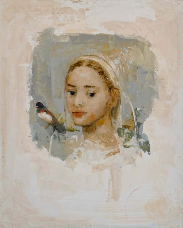 Mixed media on board marouflage portrait of a light-haired young girl wearing white and accompanied by a bird by Goxwa titled "Portrait IV."