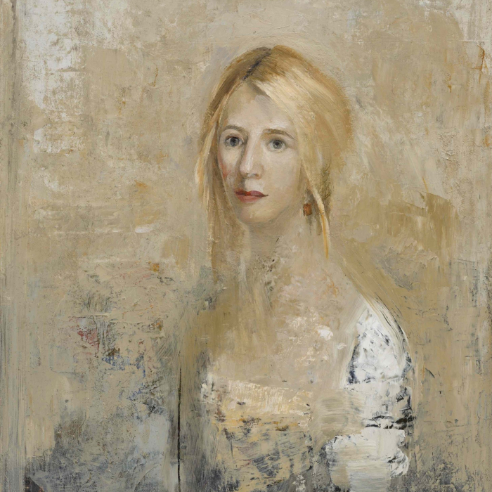 Oil and wax on canvas painting of a light-haired young woman wearing white against an indistinct, light background by Goxwa titled "Portrait of an Actress."