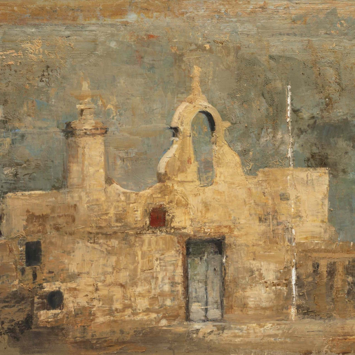 Oil and wax on canvas painting of an historic, Mediterranean building facade against a blue sky by Goxwa titled "Vanishing Malta."