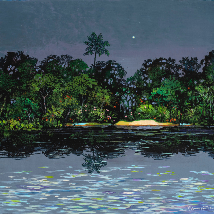 Mixed media on canvas painting of the moonlit view of a lush island bursting with palm trees, greenery, and flora and its reflection on the rippling water by Hugo Galerie artist Eric Roux-Fontaine titled "Eldorado."