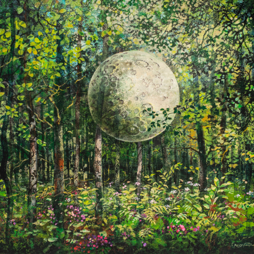 Mixed media on canvas painting of the moon hovering at midday in a lush forest bursting with greenery and flora by Hugo Galerie artist Eric Roux-Fontaine titled "La Lune a le Temps."