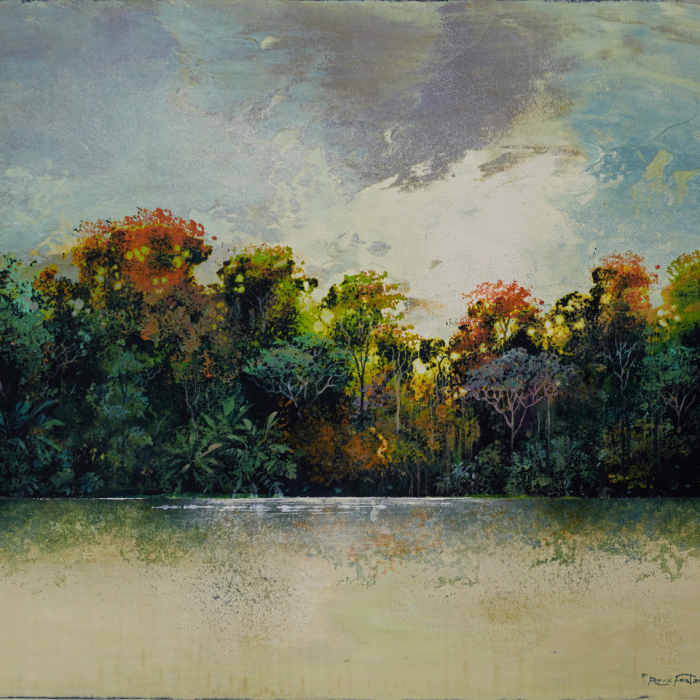 Mixed media on canvas painting of the hazy view of a river's shore bursting with jungle greenery by Hugo Galerie artist Eric Roux-Fontaine titled "Les Rives."