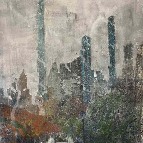 Watercolor on paper painting of a path through the early autumn trees of New York City's Central Park with the urban skyline in the distance by Hugo Galerie artist Elizabeth Allison titled "Central Park South."