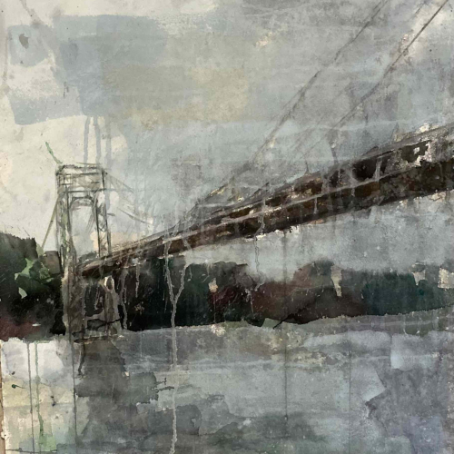 Watercolor on paper painting of New York City's George Washington Bridge reaching from the trees across a river and off the paper's edge by Hugo Galerie artist Elizabeth Allison titled "George Washington Bridge."