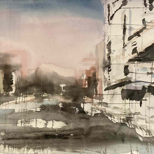Watercolor on paper minimalist painting of a street lined with buildings below a pink and blue sky by Hugo Galerie artist Elizabeth Allison titled "Harlem."