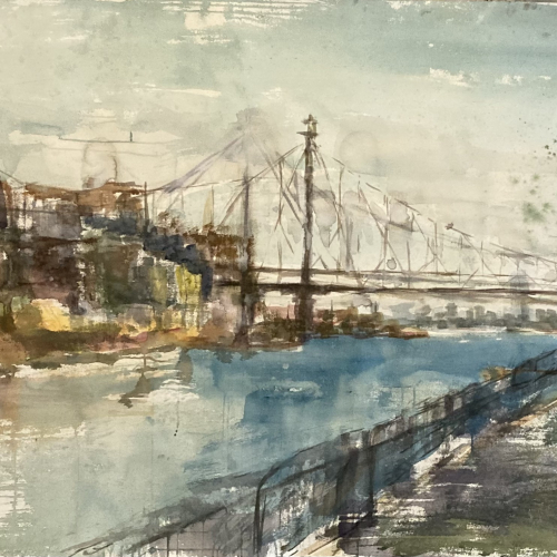 Watercolor on paper painting of New York City's Queensboro Bridge over a blue river with greenery and buildings on either side by Hugo Galerie artist Elizabeth Allison titled "Queensboro Bridge."