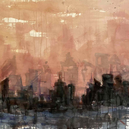 Watercolor on paper painting of shadowy buildings against a vibrant, red and orange sky by Hugo Galerie artist Elizabeth Allison titled "Skyline."