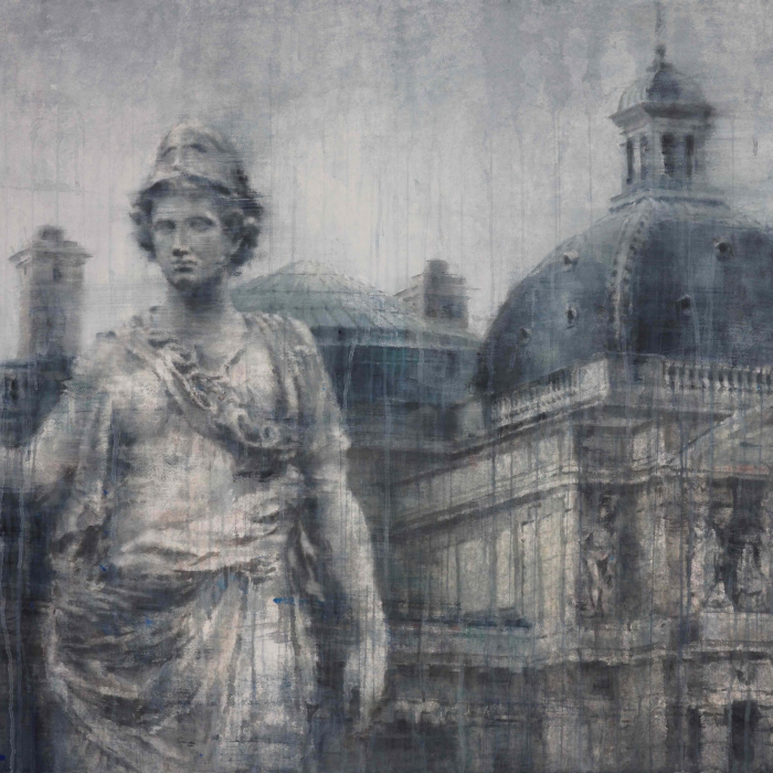 Watercolor painting of a classical statue in front of quintessential Parisian architecture by Chizuru Morii Kaplan titled "Isolation in Paris."