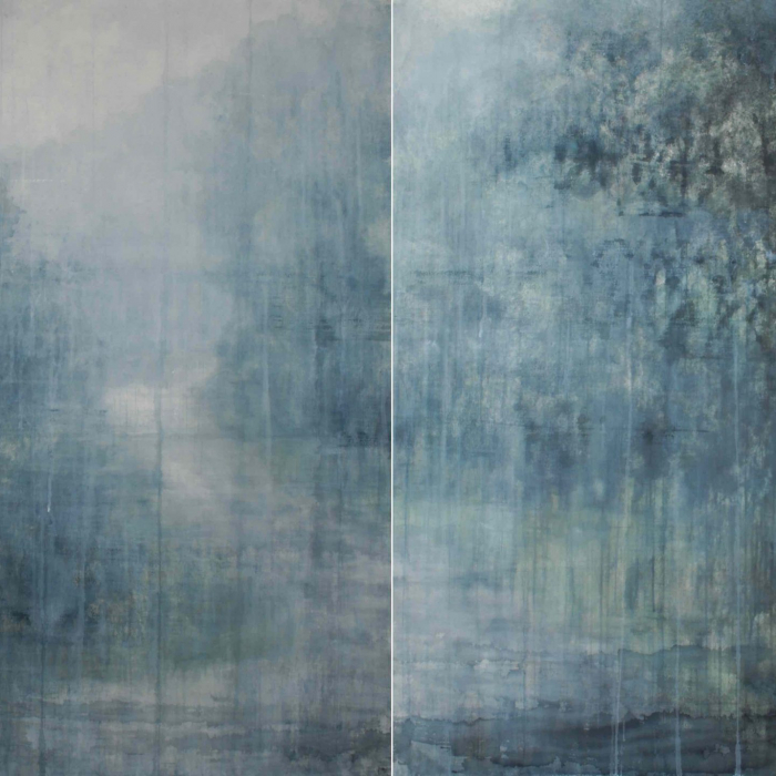 Watercolor diptych painting of a path through the leafy, green woods by Hugo Galerie artist Chizuru Morii Kaplan titled "Lonesome Journey IX."