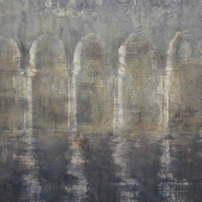Watercolor painting of a series of sunny arches and their reflections by Hugo Galerie artist Chizuru Morii Kaplan titled "Venice IV."