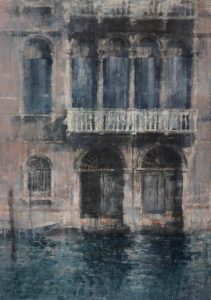 Watercolor painting of a building with elaborate windows and balconies above the water by Hugo Galerie artist Chizuru Morii Kaplan titled "Windows of Venice III."