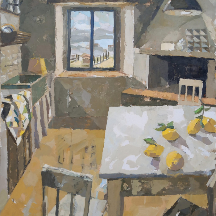 Oil on linen painting of a kitchen with lemons on the table, a hearth, and a landscape seen through its window by Hugo Galerie artist Lucy MacGillis titled "Febbraio."