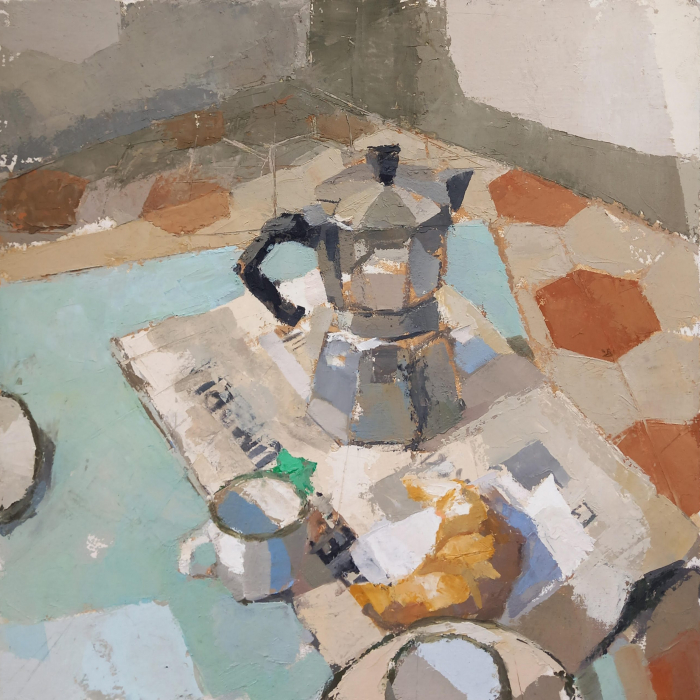 Oil on linen painting of a coffee pot and mug, newspaper, and croissant by Hugo Galerie artist Lucy MacGillis titled "Il Caffè con il Corriere."