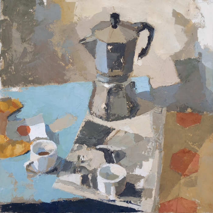 Oil on linen painting of a coffee pot and mugs, and newspaper, and croissant by Hugo Galerie artist titled "Il Gigante."