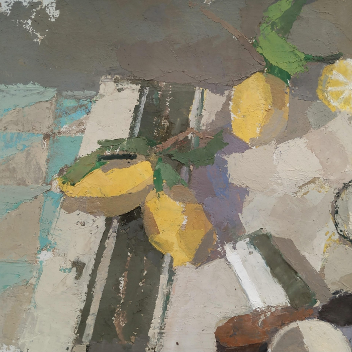 Oil on linen painting of lemons among kitchen tools by Hugo Galerie artist Lucy MacGillis titled "Limoni con la Spatola."