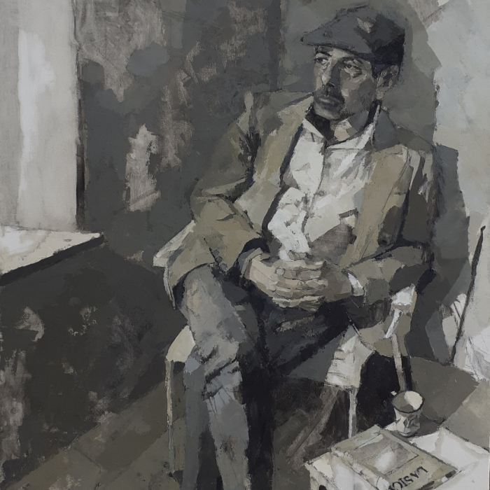 Oil on linen painting in greyscale of a seated man by Hugo Galerie artist Lucy MacGillis titled "Piero."