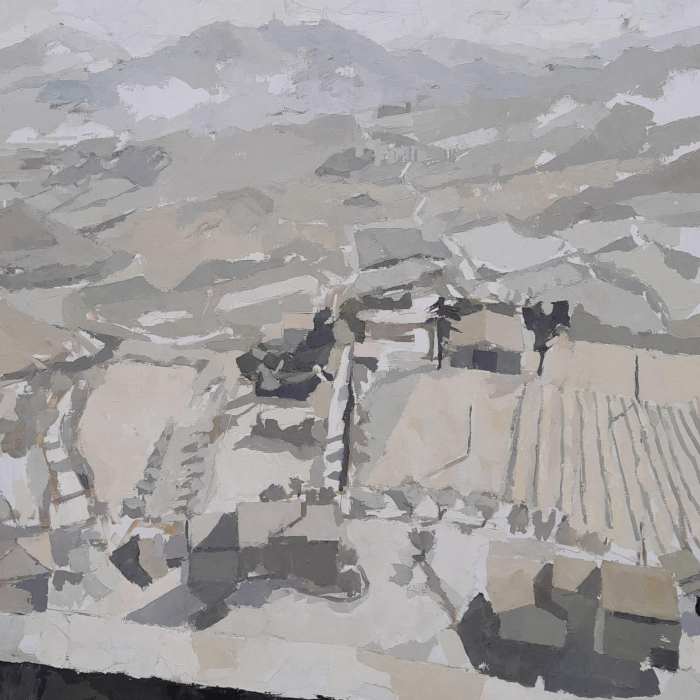 Oil on linen painting in neutrals of the view from a patio, including rooftops and mountains, by Hugo Galerie artist Lucy MacGillis titled "Todi, Da Monte Castello."